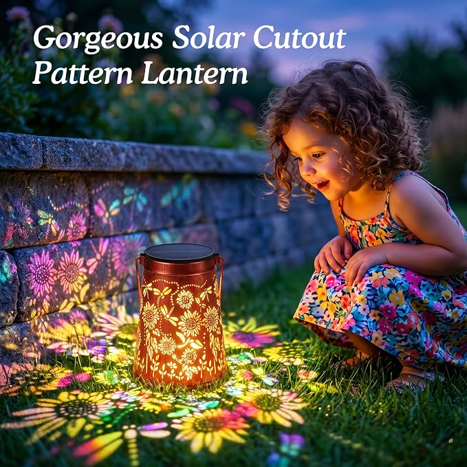 2 Pack Sunflower Solar Lanterns Outdoor Solar Lights | Sunflowers & Dragonfly, Waterproof Metal Hanging Lights for Patio, Pathway & Yard, Garden Decor Gifts for Women Mom & Grandma