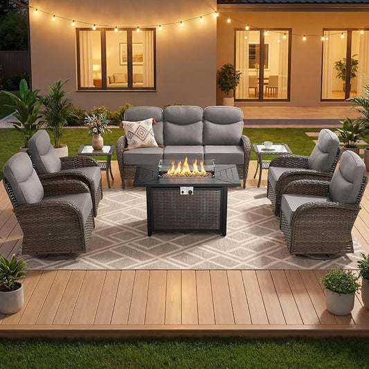 Outdoor Swivel Rocking Chair Patio Set (8pcs) High-Back - Thick Cushion Swivel Rocking Chair Patio with Fire Table Set, All-Weather Wicker Patio Furniture Set, Suitable for Balcony Patios, Brown/Gery