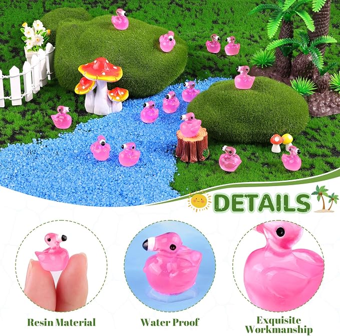 TINKRSTUFF 200PCS Mini Resin Animals Cute Rose Pink Tiny Flamingo Ducks Glow in Dark, Miniature Figures to Hide, Small Animal Accessories Bulk for Topper Garden Dollhouse Ornaments DIY Crafts & Decor