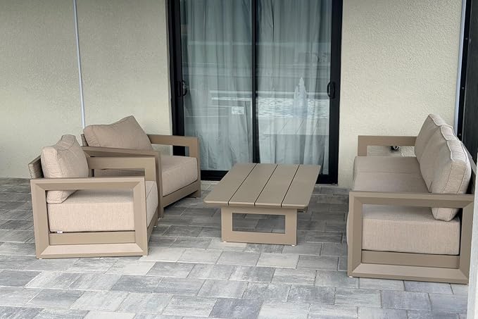 PURPLE LEAF Patio Furniture Set Open-End Outdoor Couch with 9.6" Thick Cushion and Soft Pillows 6 Piece Outdoor Sectional Sofas with Table Modern Outdoor Conversation Sets for Yard Porch Deck, Khaki