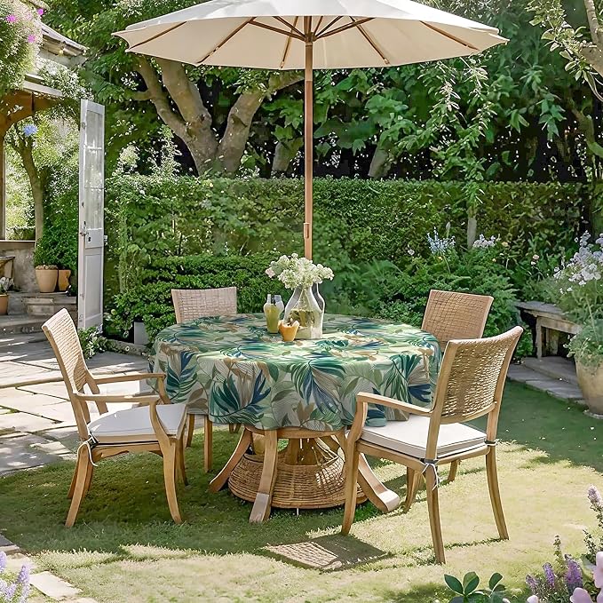 DYTXIII Outdoor Round Tablecloth with Umbrella Hole 60 Inch, Water Repellent & Fade Resistant Table Cover, All Weather Outdoor Tablecloth for Garden & Party Table, Lush Leaf Green