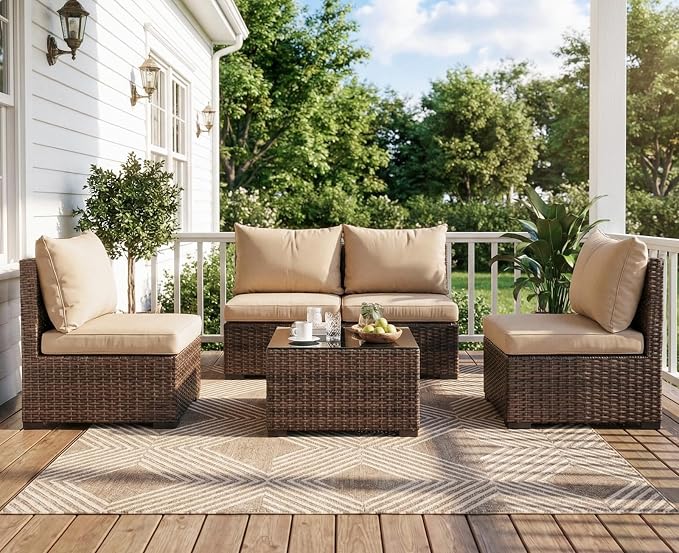 5 Pieces Patio Furniture Set with Glass Table, Outdoor PE Rattan Sectional Sofa with Soft Cushions for Backyard, Porch, and Poolside (Beige, 5 PCS w/Table)