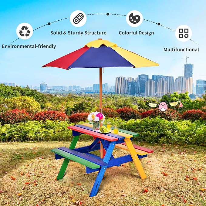 Olakids Kids Picnic Table, Outdoor Toddler Wooden Table and Chair Set with Removable Umbrella, Children Activity Furniture Bench Set for Patio Garden Backyard