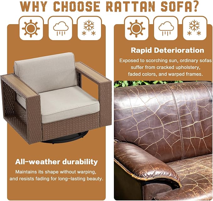 MOCHITO 3 Pieces Outdoor Patio Furniture Sets, All-Weather Sectional Sofa PE Rattan Wicker Conversation Set, Outdoor Patio sectional for Poolside, Porch, Lawn, Garden, Balcony(Beige)