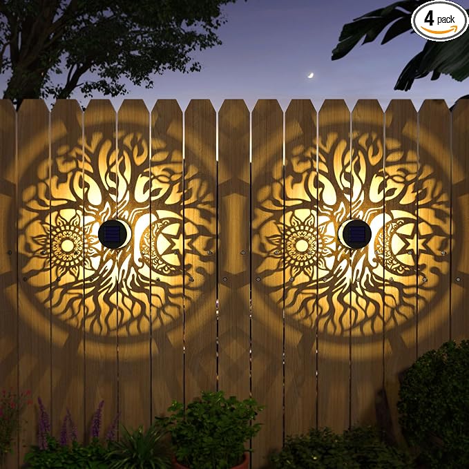 gardencave 4 Pack Solar Fence Lights Metal Solar Powered Outdoor Wall Deck Step Lights Tree Theme Waterproof Fence Light for Garden Post Patio Backyard Yard Decor (Tree, 4 Pack)