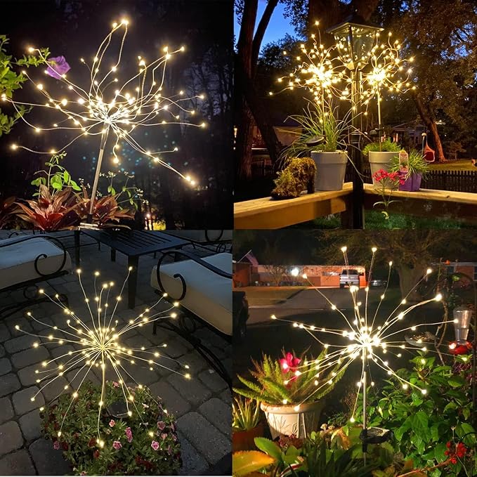 Solar Firework Lights, 2 Pack 135 LEDs 2 Lighting Modes Solar Garden Lights Outdoor Waterproof for Yard Patio Walkway Pathway Party Wedding Christmas Decorative - Warm White