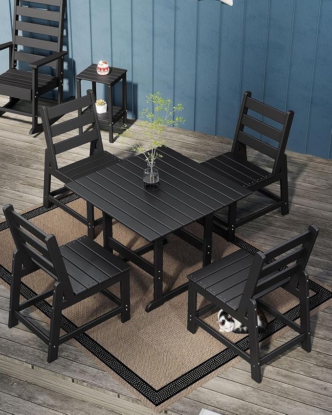 GREENVINES 5-Piece-Outdoor-Dining-Set | HDPE | Square | Patio Furniture | All Weather | Armless Chair | Slatted Table and Chairs Sets for 4 | for Backyard Poolside Garden | Black