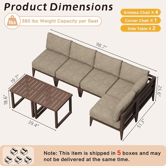 Outdoor Aluminum Patio Furniture Set, 5-Seats Patio Conversation Sofa Set with 1 Corner Sofa and 2 Coffee Tables, All Weather for Pool, Balcony, Garden-Brown