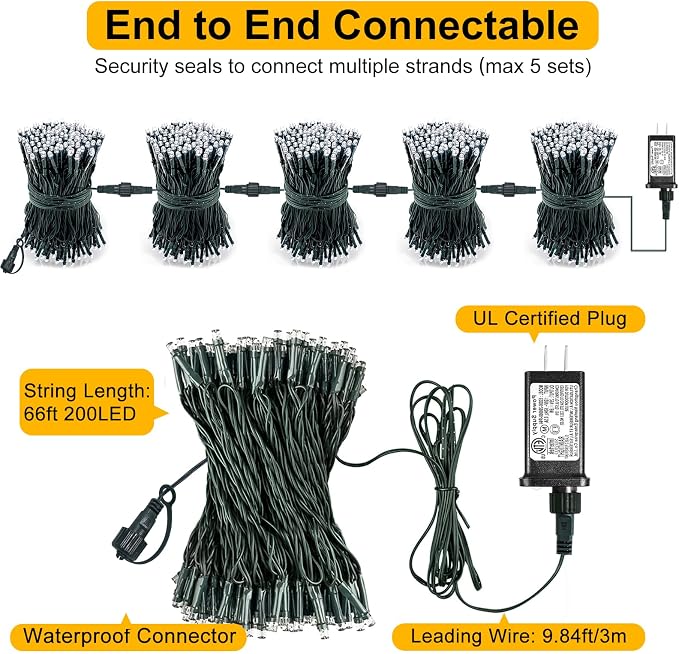 Multicolor Christmas Lights Outdoor, 66FT 200 LED Christmas Tree Lights | Waterproof 8 Modes Plug in Connectable String Lights for Outside Indoor Classroom Patio Yard Party Wedding Decorations