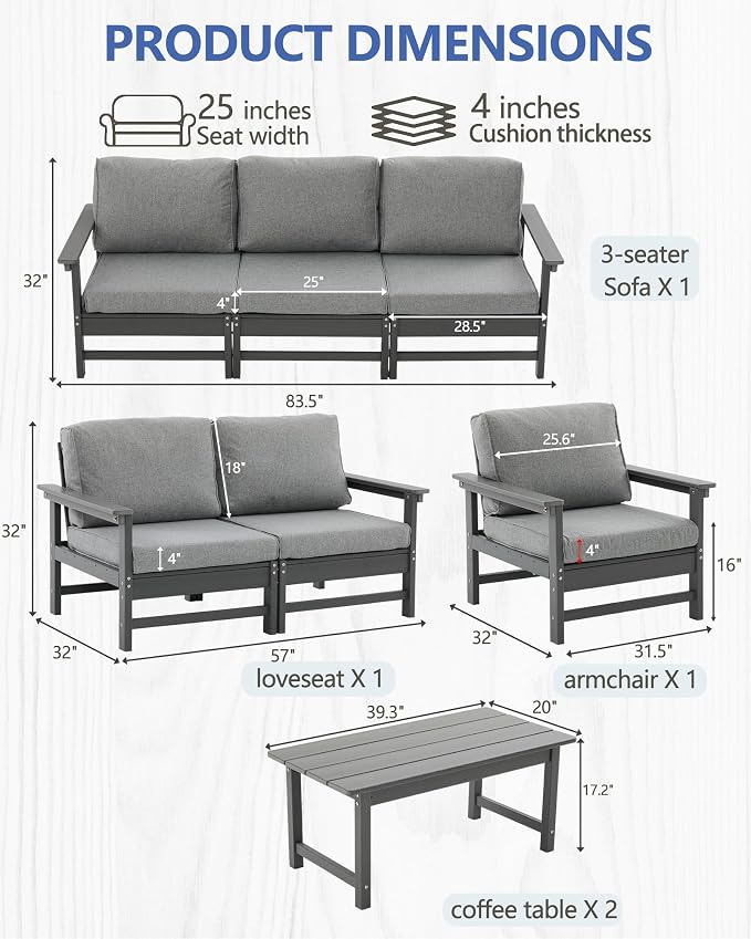 HDPE Outdoor Patio Furniture Set, 8-Piece Sofa Set with 3-Seat Couch,loveseat, Armchair & 2 Coffee Tables, Weatherproof Conversation Set with Cushions,for Garden, Porch & Backyard