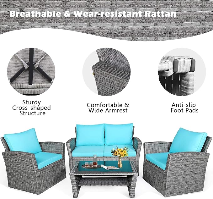RELAX4LIFE 4-Piece Patio Conversation Seat - Wicker Sofa Set w/Seat & Back Cushions, Coffee Table w/Tempered Glass Tabletop, Outdoor Rattan Sofa Set for Backyard, Porch (Turquoise)