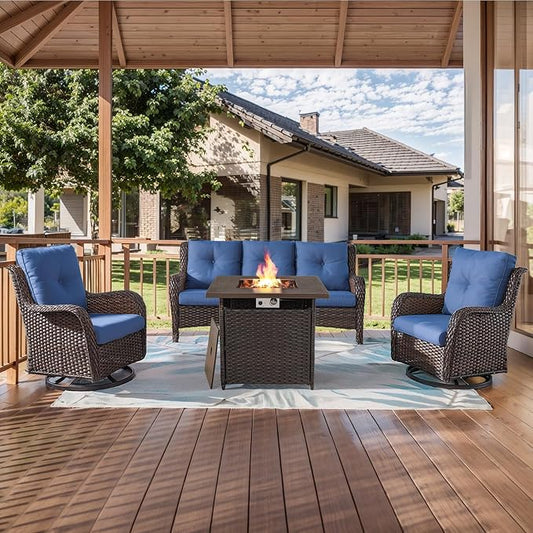 HUMMUH Patio Furniture with Fire Pit 4-Piece Wicker Outdoor Sectional Couch with Swivel Rocking Chairs, Propane Fire Pit Conversation Set for Garden, Backyard, Deck