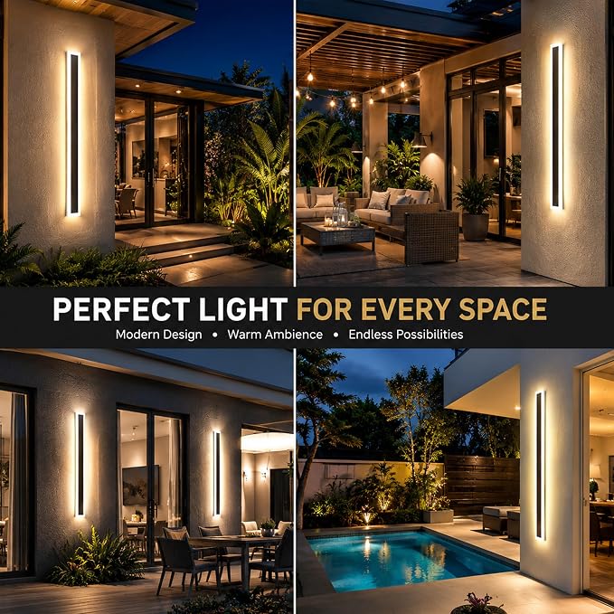 59inch-2Pack Long Outdoor Modern LED Wall Light,45W Waterproof IP65 Warm White 110V led Wall Mount Lighting Fixture Rectangular Black Wall Lights Elegant Frosted White Acrylic Anti Rust