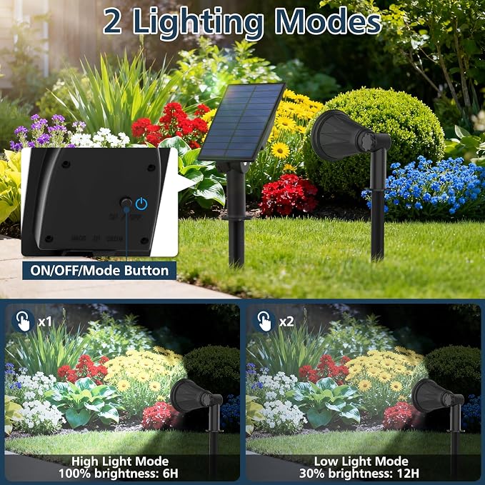 T-SUNUS Christmas Solar Powered LED Spot Light White 6000K, Separated Panel with 9.8ft Cable IP65 Waterproof Spotlights Outdoor Landscape Garden Lights for Flag Patio Yard Driveway Halloween 2 Pack