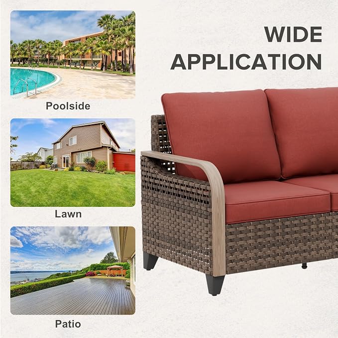 COOS BAY Modern Wicker Outdoor Furniture Set, 3 Piece Patio Conversation Set with a 3 Seat Couch and 2 Ottomans, 3 Piece, Brown/Red