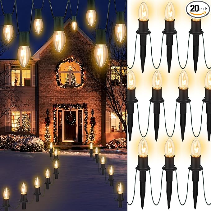 TIORIY Outdoor Warm Christmas Pathway Lights, 24.2ft 20 Lights with Stakes, Outside Walkway Marker, C9 Christmas Decor, Driveway Decorations, Waterproof, Hanging or Plugging