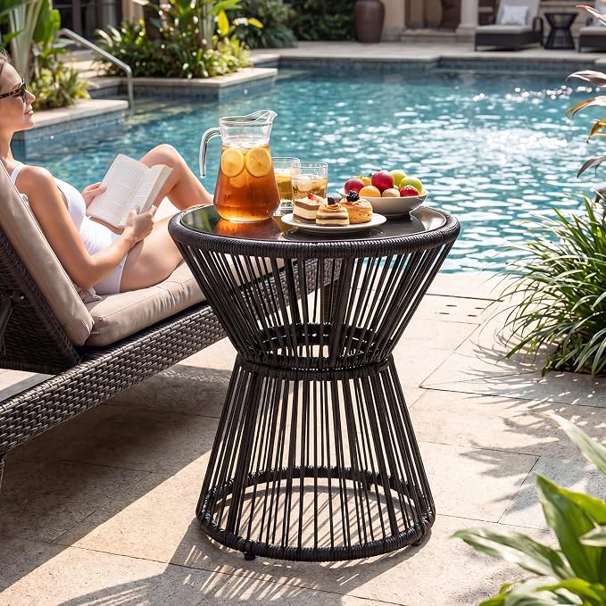 Tangkula Outdoor Side Table with LED Warm Light, PE Rattan Hourglass-Shaped End Table with Tempered Glass Top, Battery Operated Accent Coffee Table for Patio, Porch, Balcony & Living Room (2)