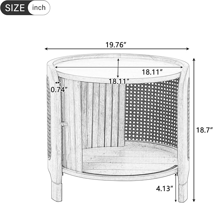 Merax Small Round Rotating Coffee Table with Hidden Storage, 19.8 Inch Modern Indoor/Outdoor Natural Rattan Coffee Table with Wood Fluted Sliding Door, for Patio Garden Balcony or Living Room
