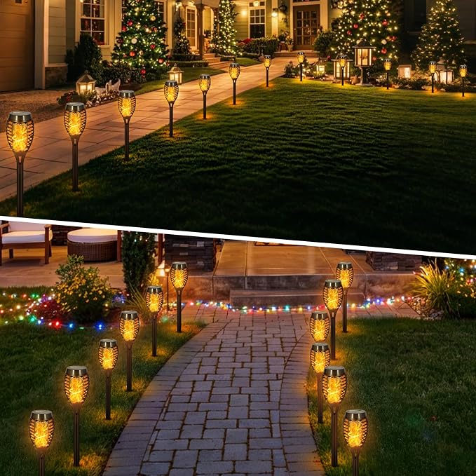 12 Pack Solar Lights Outdoor, Warm White Flickering Flame Torch | Warm White Flickering Flame, Long Nighttime Glow, Auto-On at Dusk, IP65 Weather-Resistant, Tool-Free Ground Setup