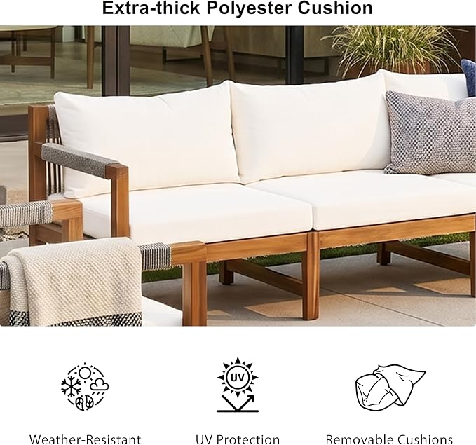 JIVOIT 3 Pieces Outdoor Rope Woven Sectional Sofa Set, Solid Acacia Wood Patio Conversation Set with Three-Seater Sofa and 2 Armchairs, Removable Cushions for Backyard, Deck and Poolside (Beige/24)