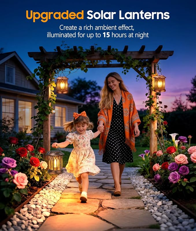 Solar Lanterns Outdoor Waterproof Lights 2 Pack, Built-in Hook Bright Lanterns Outdoor Light with Clip Garden Decor, Hanging Solar Lights for Yard Patio Front Porch Table Decoration (Copper)