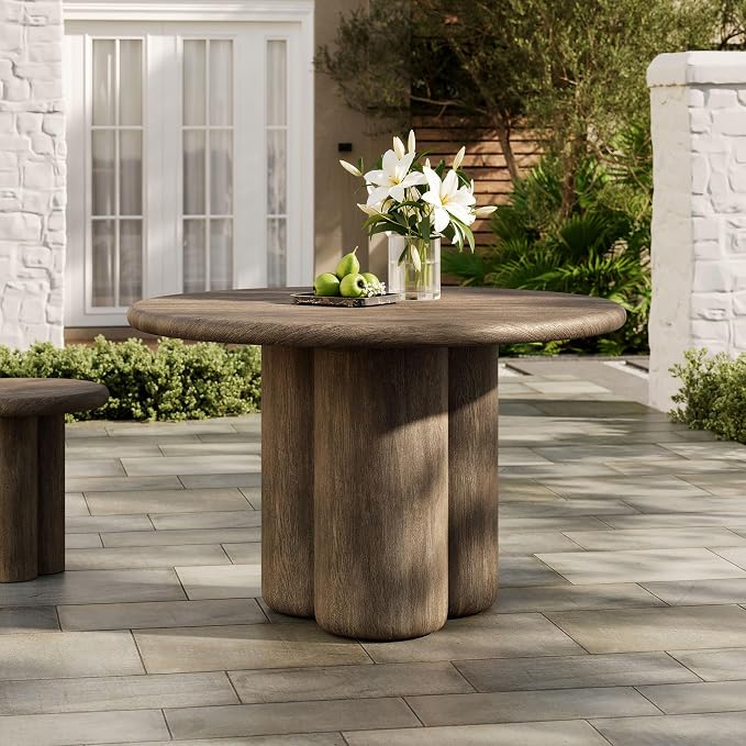 Modway Tori 48 Inch Round Concrete Outdoor Dining Table in Weathered Walnut - Modern Patio Bistro Table, Seats 4, for Backyard, Balcony, Sunroom, Deck, Or Indoors