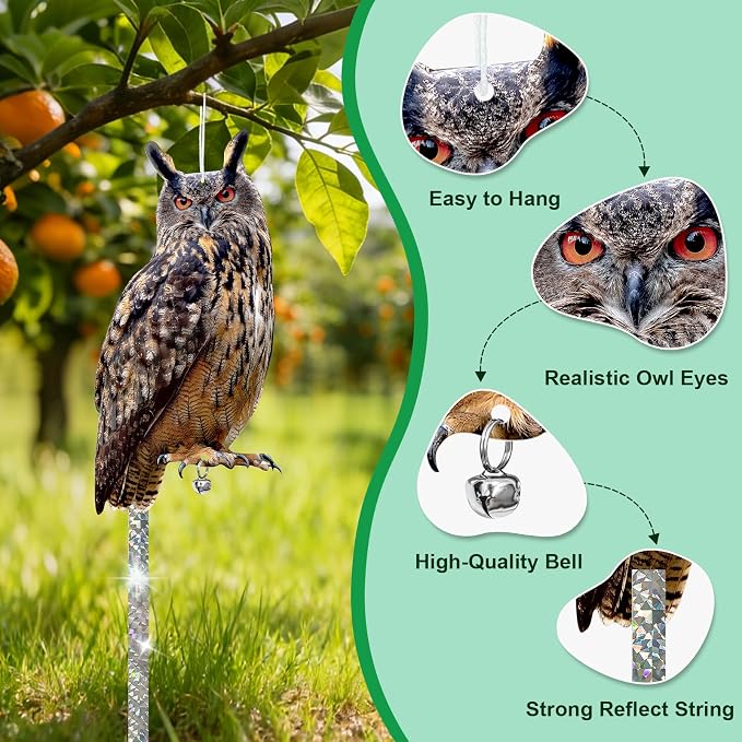 Owls to Keep Birds Away: 4Pack Fake Owl with Reflective Tape for Vineyard Garden Patio Pool, Reflective Hanging Decoration to Keep Birds Pigeon from Windows Tree Orchard