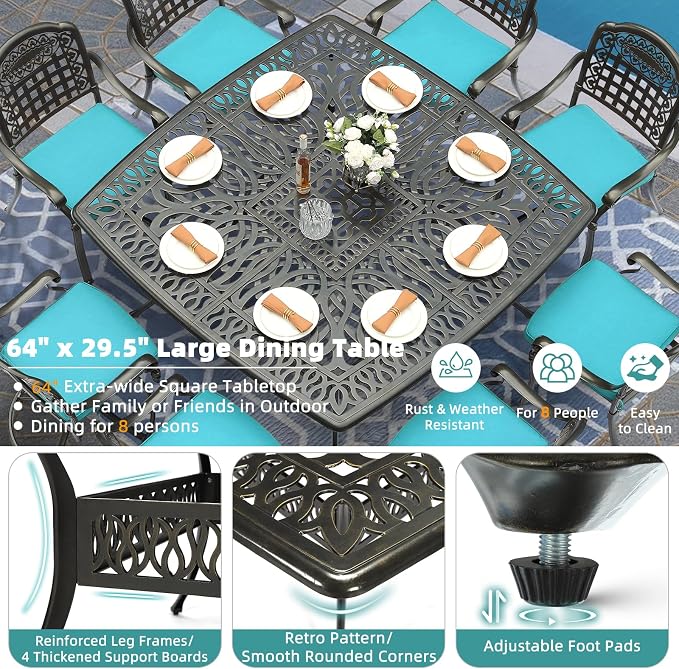 MEETWARM 9-Piece Outdoor Patio Dining Set for 8, All Weather Cast Aluminum Patio Funiture Table and Chairs Set- Large 64" Square Table and 2 Swivel Rocker Chairs, 6 Stationary for Garden, Ocean Blue