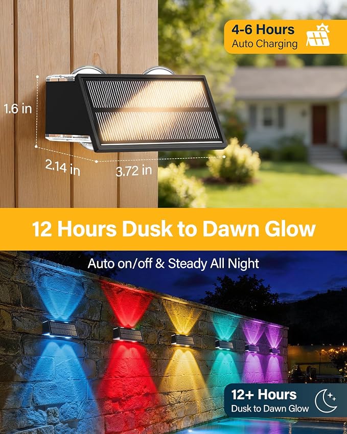 Solar Fence Lights Outdoor, 10 Pack Fence Solar Lights Waterproof | IP65 Fence Lights Solar Powered Up & Down LED Focus, 9 Color Modes, 12H Dusk to Dawn Glow for Pool/Patio/Backyard - Black