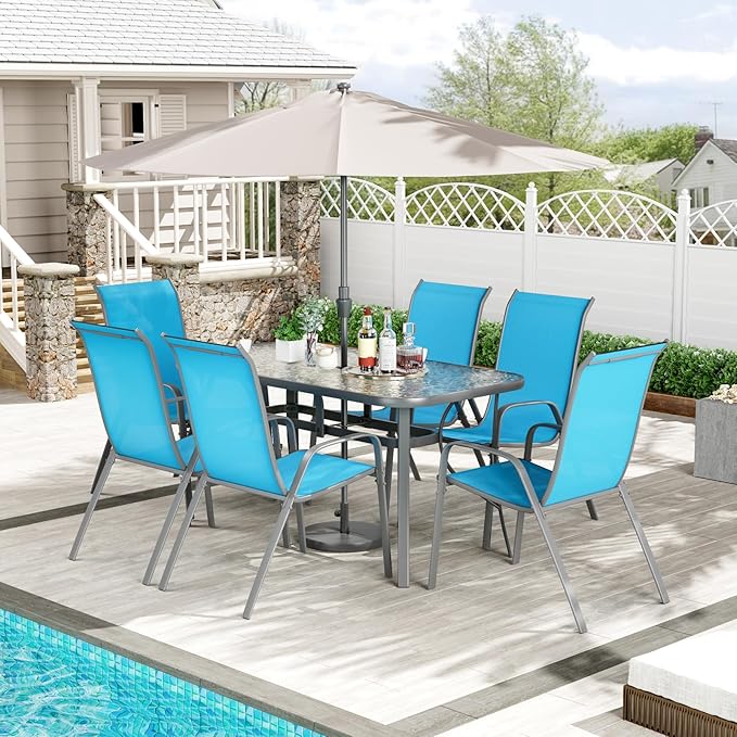 TLSUNNY 7 Pieces Patio Dining Set, Outdoor Table and Chairs W/1.69″ Umbrella Hole, 30"X 55" Table and Stackable Textilene Chair, All Weather Patio Furniture Set (Umbrella not Included)