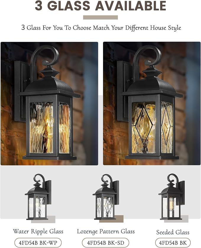 FEMILA Outdoor Wall Light Fixture, 1-Light Exterior Waterproof Wall Sconce, 15" Front Porch Lights, Anti-Rust Matte Black Finish with Water Ripple Glass, 4FD54B BK-WP