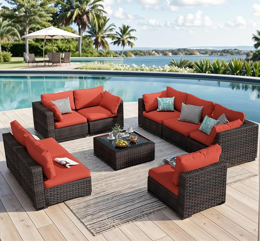 9 Piece Patio Furniture Set All Weather PE Rattan Outdoor Sectional Sofa Couch with No-Slip Cushions and Glass Top Table for Garden, Poolside, Backyard (Red)