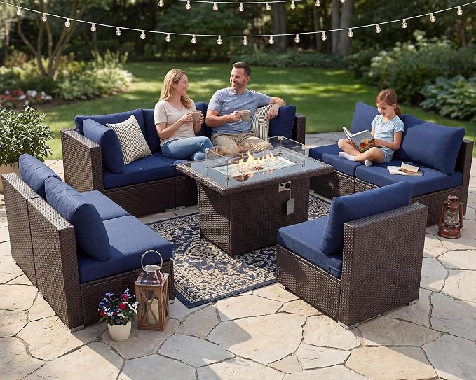 BULEXYARD 9 Piece High Back Outdoor Sectional Couch Set with Fire Pit, Luxury Weather-Resistant Patio Furniture Set, Large Size 8-Person Backyard Seating Group L-Shape for Exterior, Brown & Navy Blue