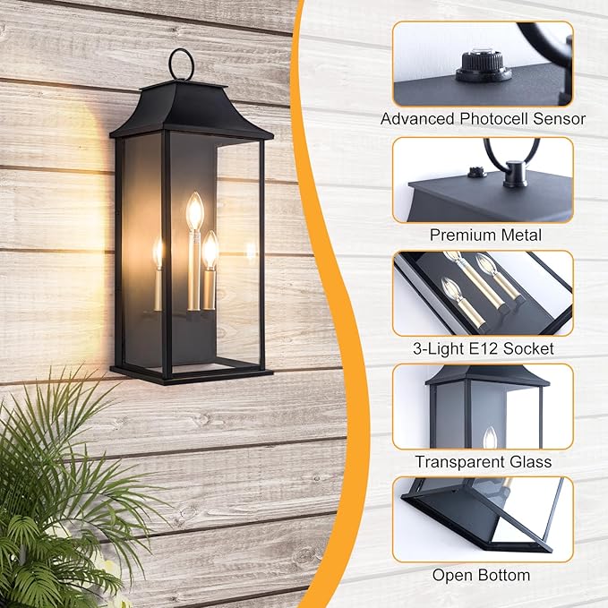 Dusk to Dawn Outdoor Wall Light, Black, 25.3", Aluminium | Large Outdoor Light Fixture, Black Exterior Wall Lantern, Waterproof Outside Wall Sconce for House Porch Patio