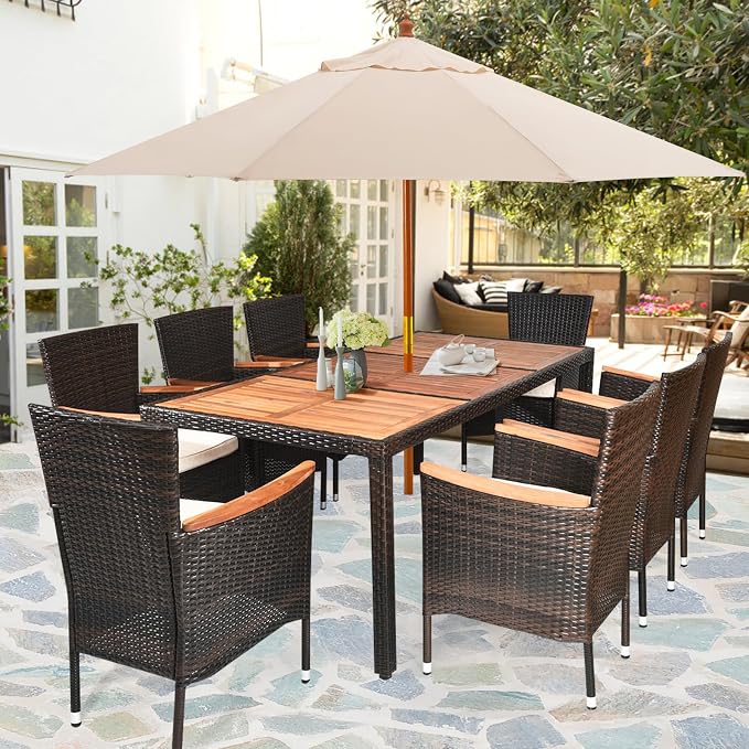 9 Piece Outdoor Dining Set, Patio Dining Set with Acacia Wood Table Top, Armrest & Umbrella Hole, 9 PCS Poly Rattan Dining Table Chairs Conversation Set for Outdoor and Indoor (Brown)