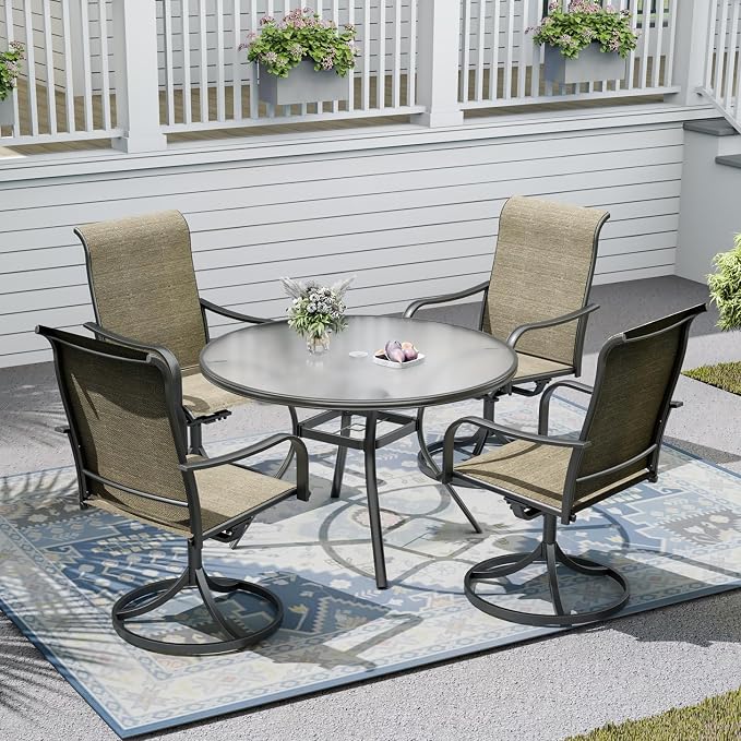 Outdoor Patio Set, 40" Round Glass Dinging Table and 4pcs Swivel Chairs, All-Weather Patio Furniture Set with 1.7" Umbrella Hole for Garden Backyard Lawn Poolside