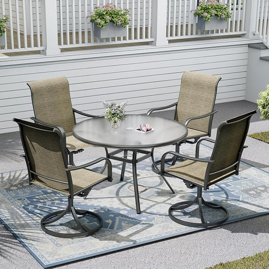 Outdoor Patio Set, 40" Round Glass Dinging Table and 4pcs Swivel Chairs, All-Weather Patio Furniture Set with 1.7" Umbrella Hole for Garden Backyard Lawn Poolside