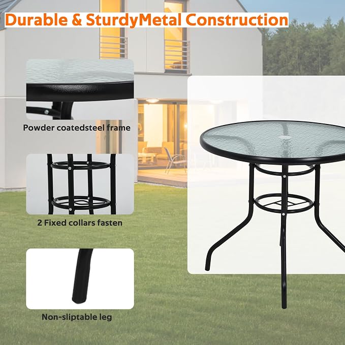 Round Outdoor Table Patio Table with with Umbrella Hole, 32 Inch Tempered Glass Outdoor Dining Tables Deck Table Bistro Table, All Weather Umbrella Table Outdoor Tables for Pool, Lawn, Balcony