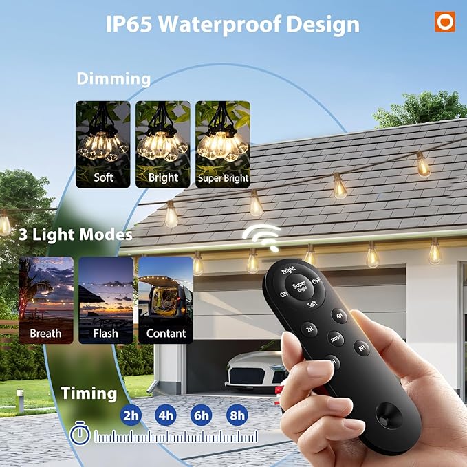 addlon 198FT(192FT+6) Solar String Lights Outdoor, Waterproof, Last 20+ Hrs | 68 Shatterproof LED Bulbs, USB Charging, Dimmable, Timer Remote, Easy Install for Garden, Backyard, Pergola and Party