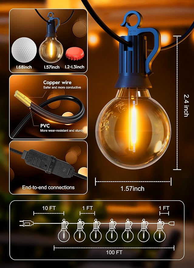 109FT 100 LED Outdoor String Lights, G40 Shatterproof String Lights, IP65 Waterproof Connectable Outside Patio Light for Backyard Porch Balcony Garden Decor Christmas Camping Gazebo