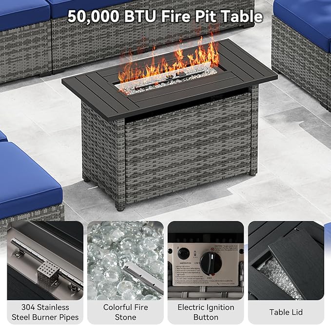 LazySunsets 12-Piece Patio Furniture Set with 44" Fire Pit Table, Wicker Outdoor Furniture, Patio Conversation Sets with Coffee Table, Outdoor Sectional Couch, Blue