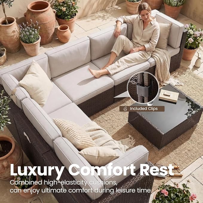 8 Pieces Patio Furniture Set with 44" Propane Gas Fire Pit Table, Outdoor Sectional Brown Rattan Wicker Conversation Sofa Sets with Coffee Table