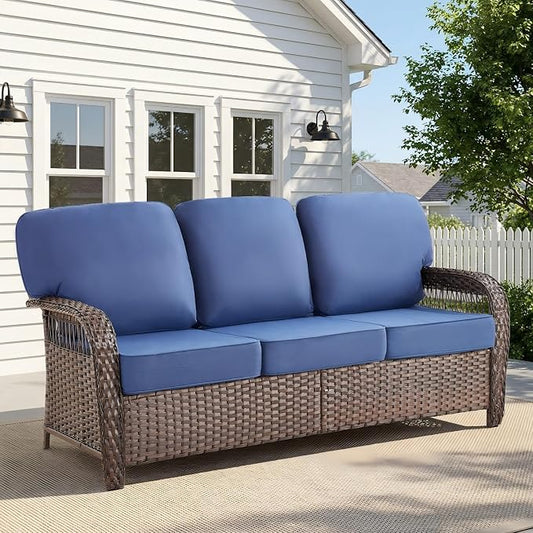 Belord Luxury Outdoor High Back Couch, All-Weather Wicker 3-Seater Sofa, Wicker Patio Furniture for Deck Porch Garden,Blue