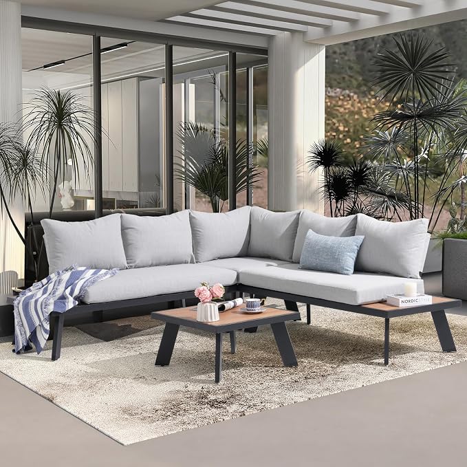 SUNSITT 4-Piece Outdoor Patio Furniture Set L-Shaped Aluminum Sectional Sofa with Faux Wood Grain Top Coffee Table, All-Weather Patio Conversation Set with Cushions, Light Grey