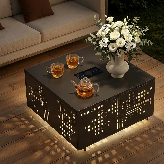 CAODOC 27" Square Outdoor Coffee Table with Umbrella Hole & Solar Light, Rust-Proof Metal Patio Table, Small Minimalist Low Accent Table for Living Room, Balcony, Deck, Backyard, Black
