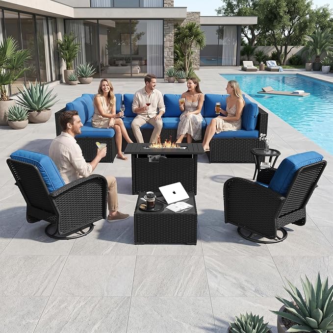 Aoxun 11 Piece Outdoor Patio Furniture Set with 44'' Fire Pit Table, Wicker Rattan Outdoor Furniture with High Back Swivel Rocker Chairs, Outdoor Sofa Set with Thick Cushion & Side Table, Peacock Blue