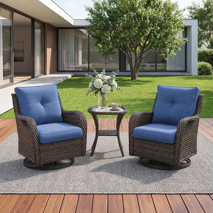 Rilyson Wicker Rocking Chair Swivel Chairs - 3 Piece Rocker Patio Furniture Set Rattan Rocking Bistro Sets with Glass Top Side Table for Outdoor Porch Deck Garden Backyard (Brown/Blue)
