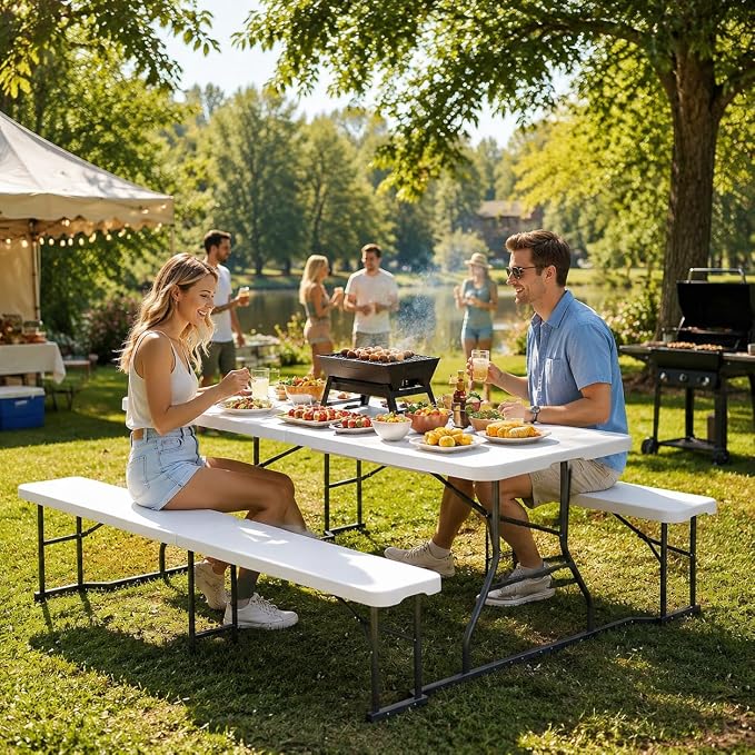 YITAHOME 6ft Folding Picnic Table with Benches, Heavy Duty 6 ft Picnic Tables for Outdoors, Portable Outdoor Table with Center Lock & Non-Slip Feet for Backyard, Camping, Beach, White