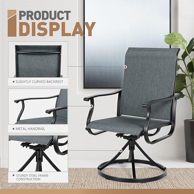 SUNCROWN 5-Piece Outdoor Patio Dining Set, All Weather Square Metal Table & 4 Dark Gray Swivel Textilene Mesh Chairs, Weather Resistant Patio Furniture for Deck Lawn Garden Backyard Poolside