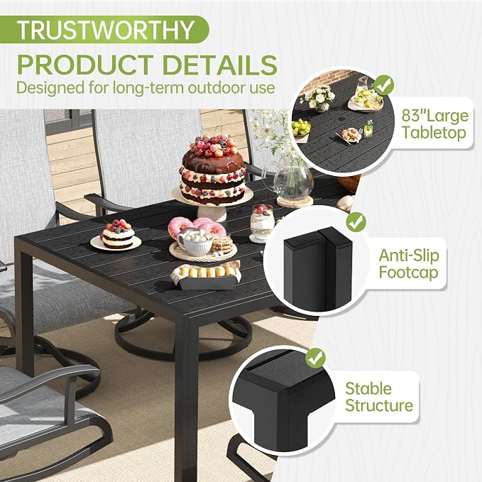 PIZZELLO Outdoor Dining Sets for 6, 83" Rectangular Dining Table with 6 Textilene Chairs, 7 Piece Patio Table and Chairs Set with Umbrella Hole for Patio, Garden, Backyard and Poolside (Grey)